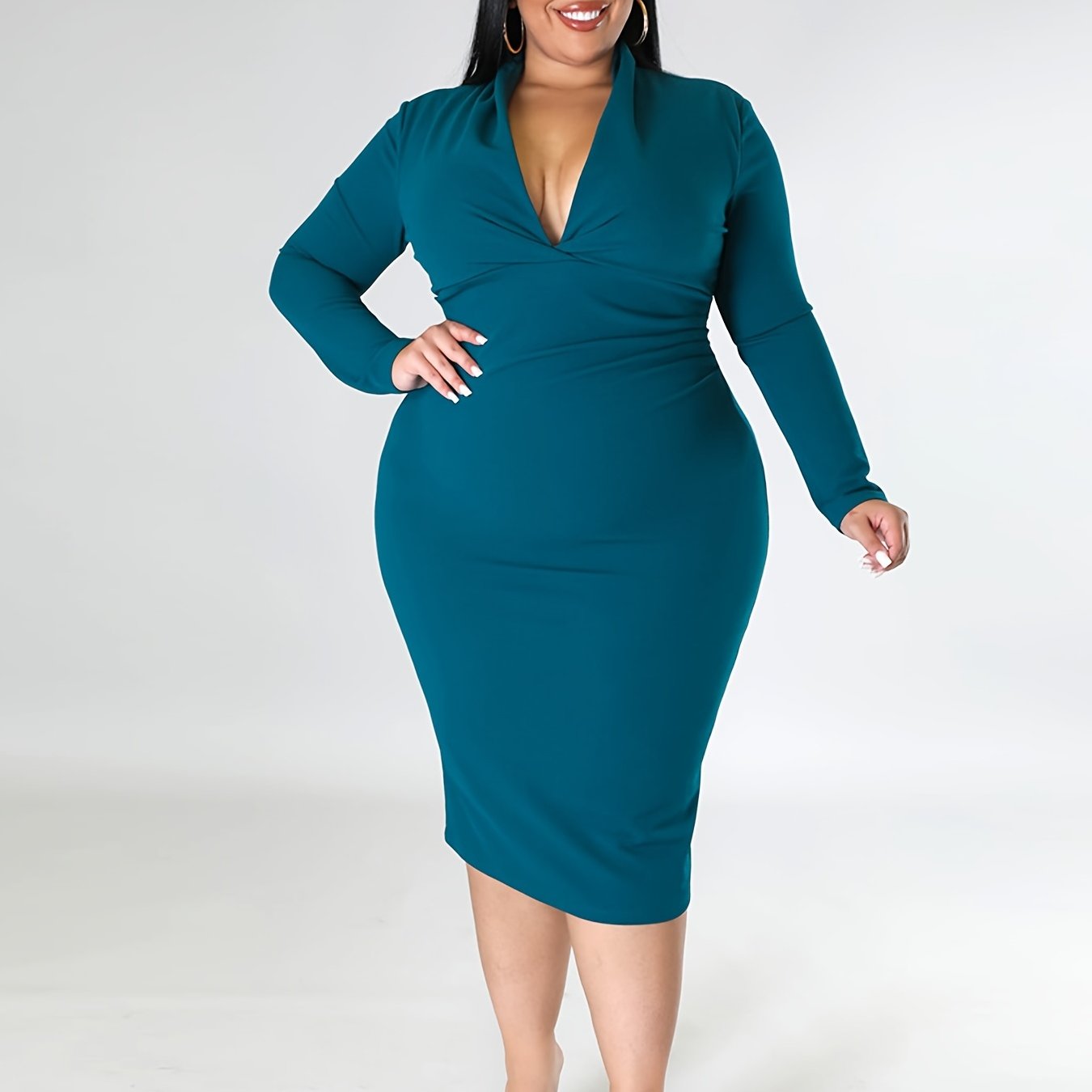  Solid Long Sleeve V Neck Slim Fit Midi Dress Women's Plus