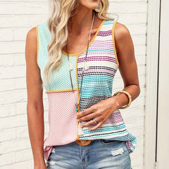 Patchwork Stitching Tank Top Sleeveless Crew Neck Casual Top