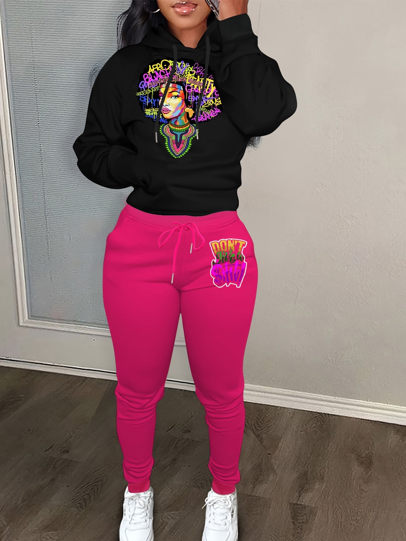 Women's Plus Figure & Letter Print Hoodie & Joggers Outfits 2 Piece Set