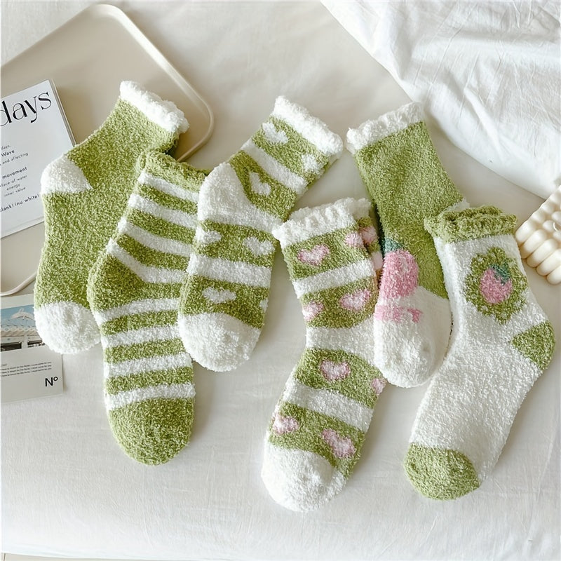 6 Pairs Heart & Stripe Pattern Plush Socks Soft Mid Tube Women's Stockings