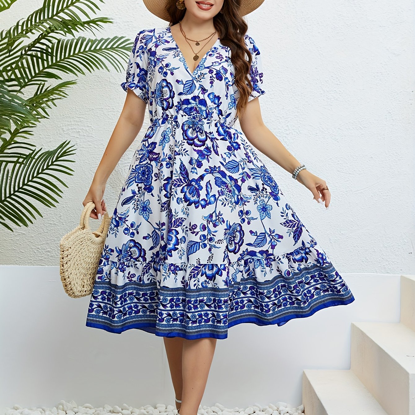  Colorblock Floral Print Puff Sleeve V Neck Midi Dress