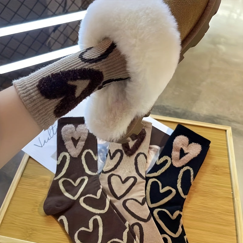 3 Pairs Heart Print Mid Tube Socks Soft Women's Stockings