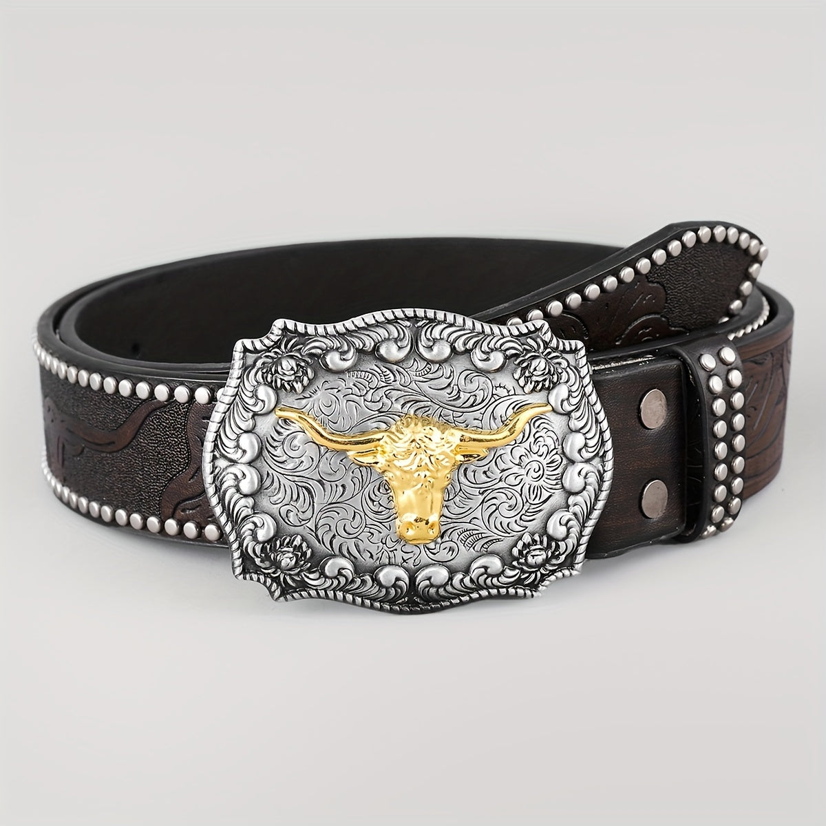 Cattle Head Pattern Western Cowboy Leather Belt