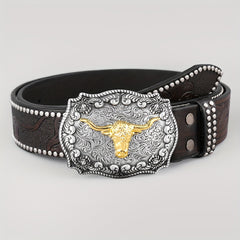 Cattle Head Pattern Western Cowboy Leather Belt