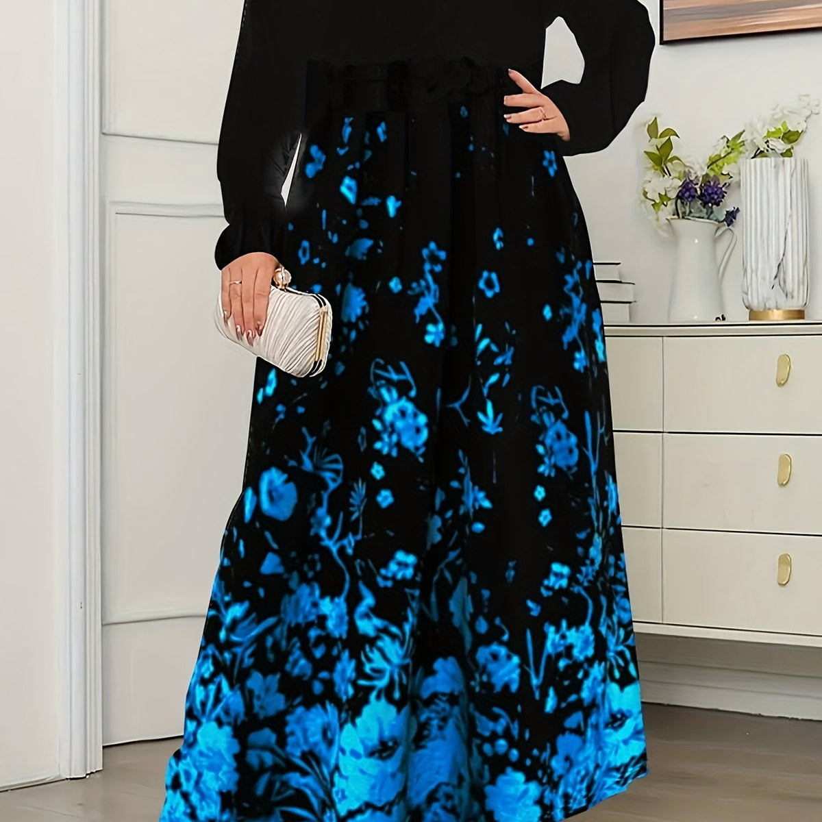  Floral Print Long Sleeve Maxi Dress