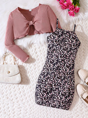 Girl's Floral Sundress & Ribbed Cardigan Set for Spring