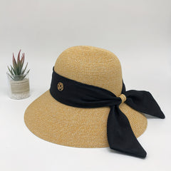 Ribbon Bow Decor Sun Hat Solid Curved Brim Straw Hat Jazz Fedora