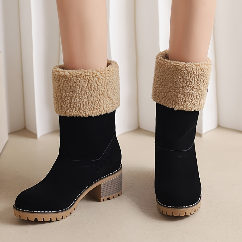 Women's Stacked Heel Mid Calf Snow Boots Plush Winter Slip On