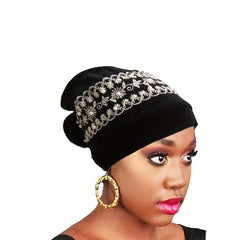 Velvet Lace Turban Cap Faux Pearl Head Wrap