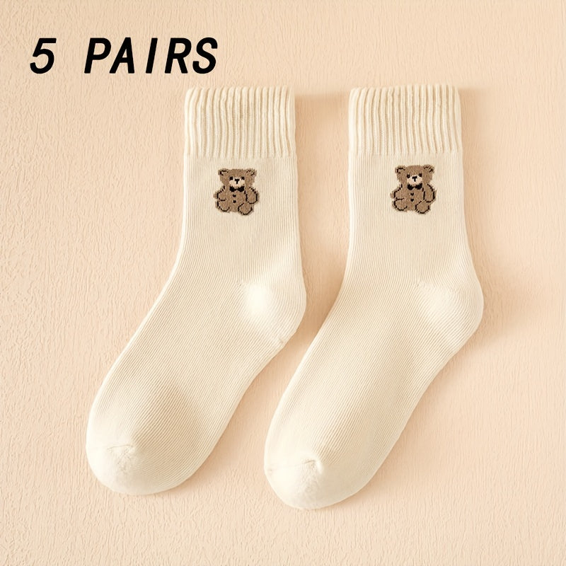5 Pairs Bear Print Socks Comfy Mid Tube Women's Stockings
