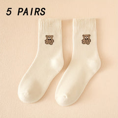 5 Pairs Bear Print Socks Comfy Mid Tube Women's Stockings