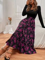  Colorblock Floral Long Sleeve Maxi Dress With Belt
