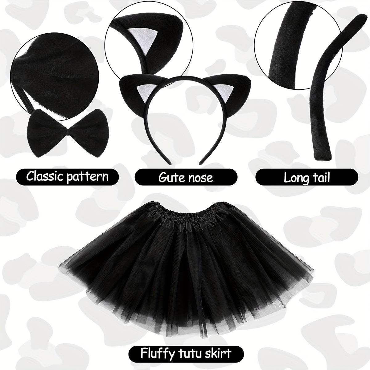 Leopard Cat Ears Headband Tail Bow Tie Short Skirt Dress Up Costume Set