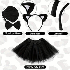 Leopard Cat Ears Headband Tail Bow Tie Short Skirt Dress Up Costume Set