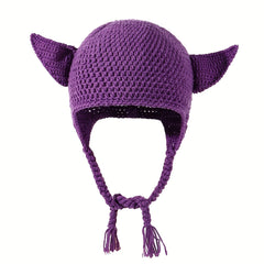 Devil Ears Knitted Beanie with Braid - Unisex