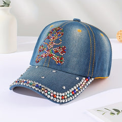 Skull Decor Baseball Cap Denim Distressed Dad Hat Sun Hats For Women