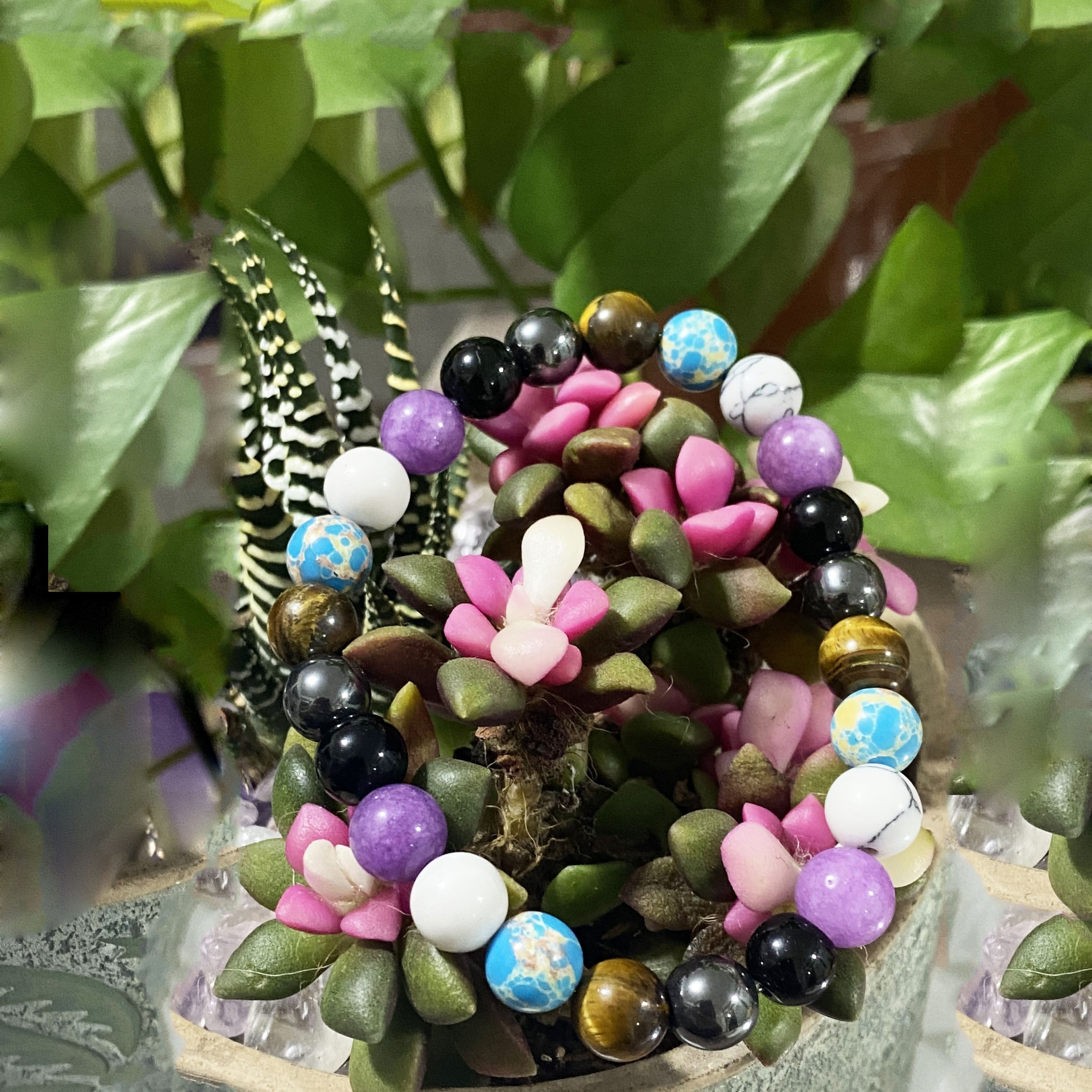Amethyst Pine Stone Mixed Round Bead Bracelet Meditation