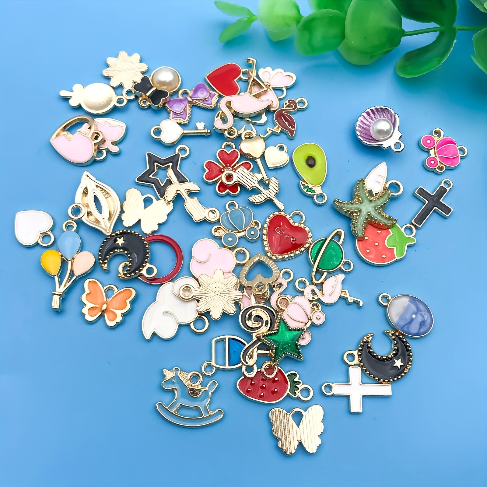 50pcs Enamel Mix Flowers Heart Charms Pendants DIY Jewelry Making