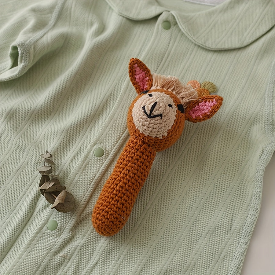 Crocheted Giraffe Rattle Toy Soft Brown & Pink Ears for Newborns