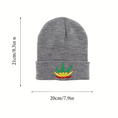Leaf Embroidery Beanie Unisex Solid Knit Hat Warm Skull Cap