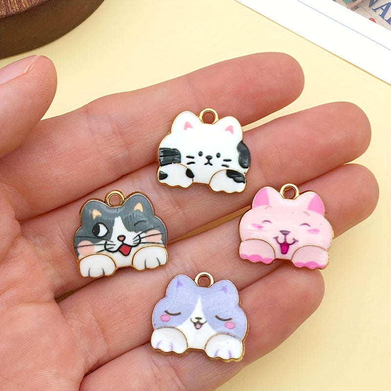 12pcs Enamel Golden Cat Pendants for DIY Accessories