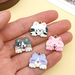 12pcs Enamel Golden Cat Pendants for DIY Accessories