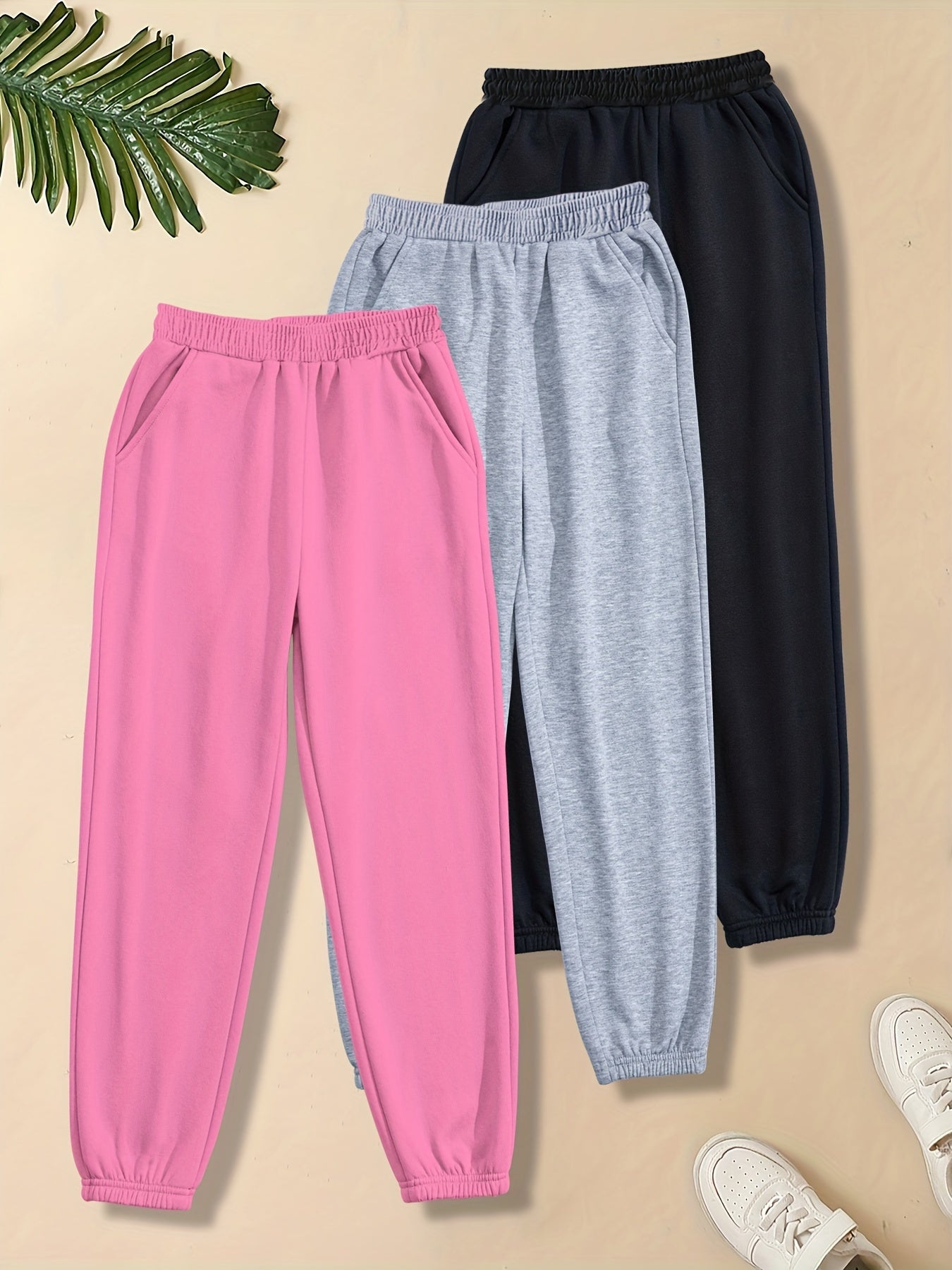 3pcs Girls' Basic Jogger Sweatpants Elastic Waist Thin Casual Sports Trousers