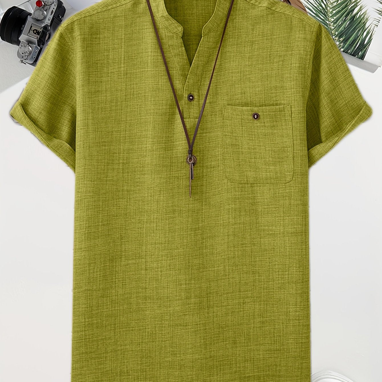 Men's Solid Stand Collar Shirt Chest Pocket Shirt