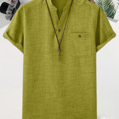 Men's Solid Stand Collar Shirt Chest Pocket Shirt