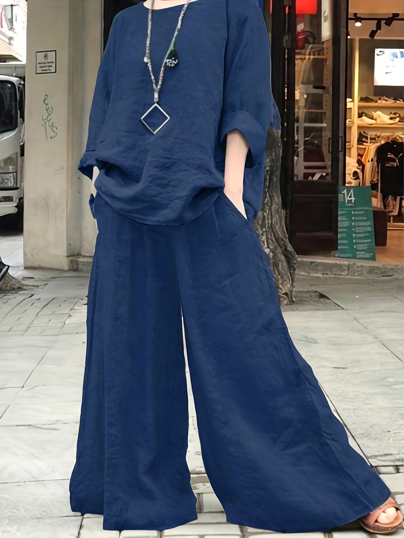  Casual Outfits Set Women's Plus Solid Top & Wide Leg Pants