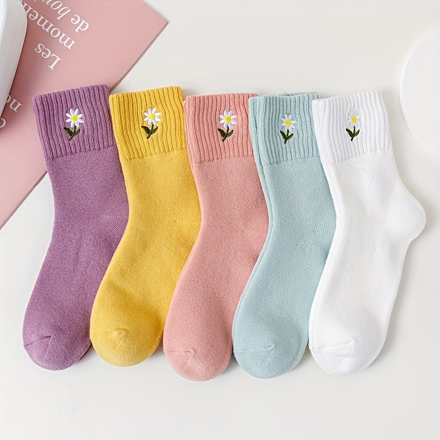 5 Pairs Floral Embroidery Socks Women's Stockings & Hosiery