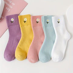 5 Pairs Floral Embroidery Socks Women's Stockings & Hosiery