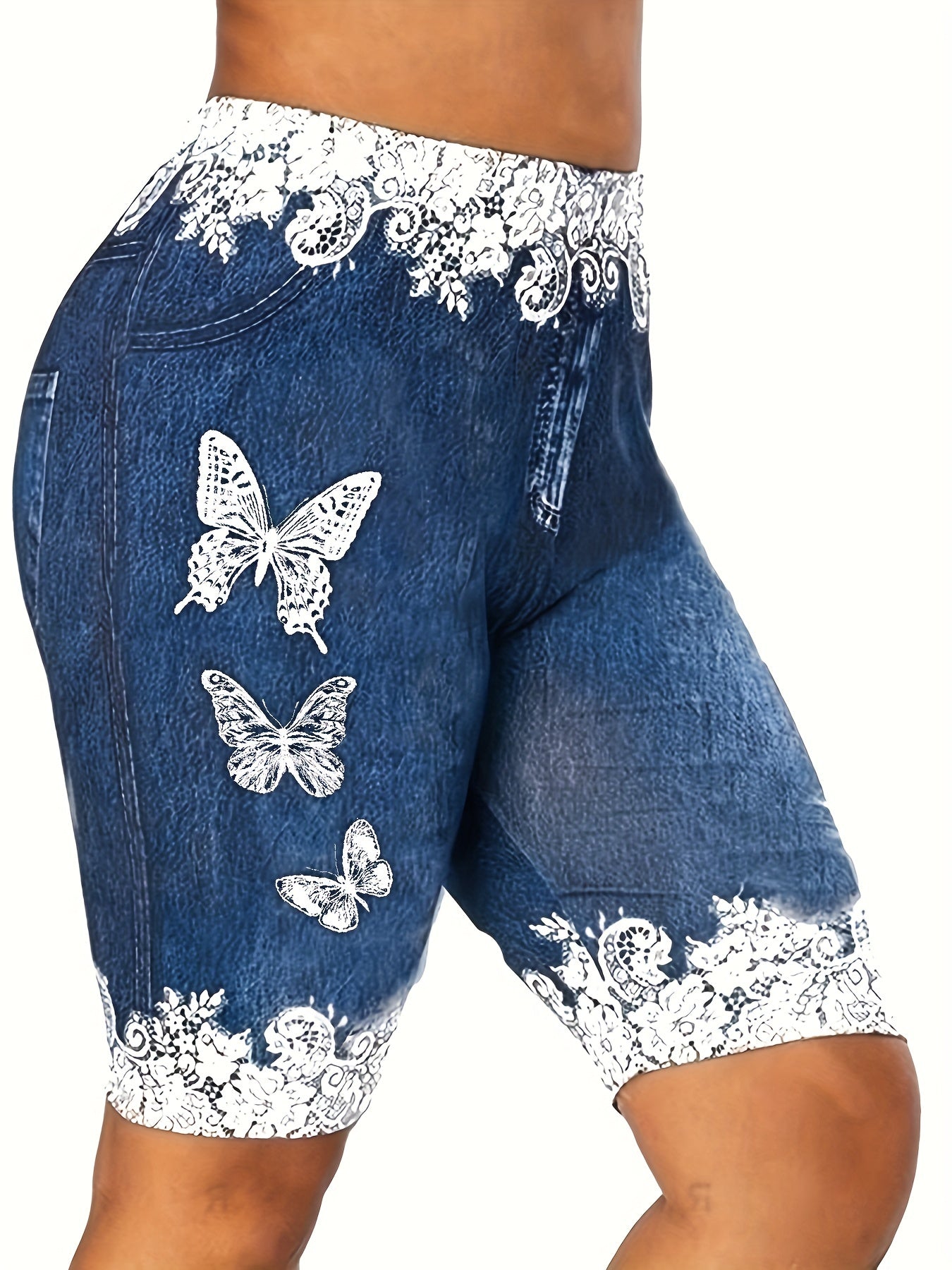  Denim & Butterfly Print Stretchy Skinny Shorts