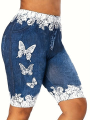  Denim & Butterfly Print Stretchy Skinny Shorts