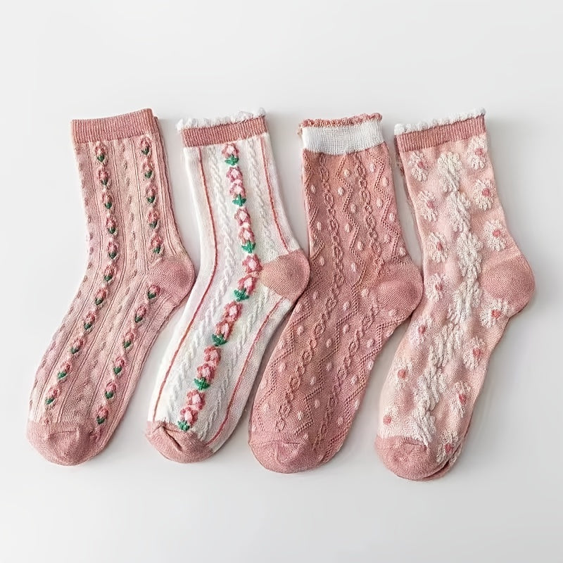 6 Pairs Sweet & Pink Serie Socks - Cozy Flower Geometric 3D Textured Stockings
