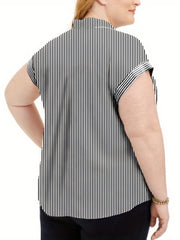  Women's Stripe Print Short Sleeve Button Up Blouse