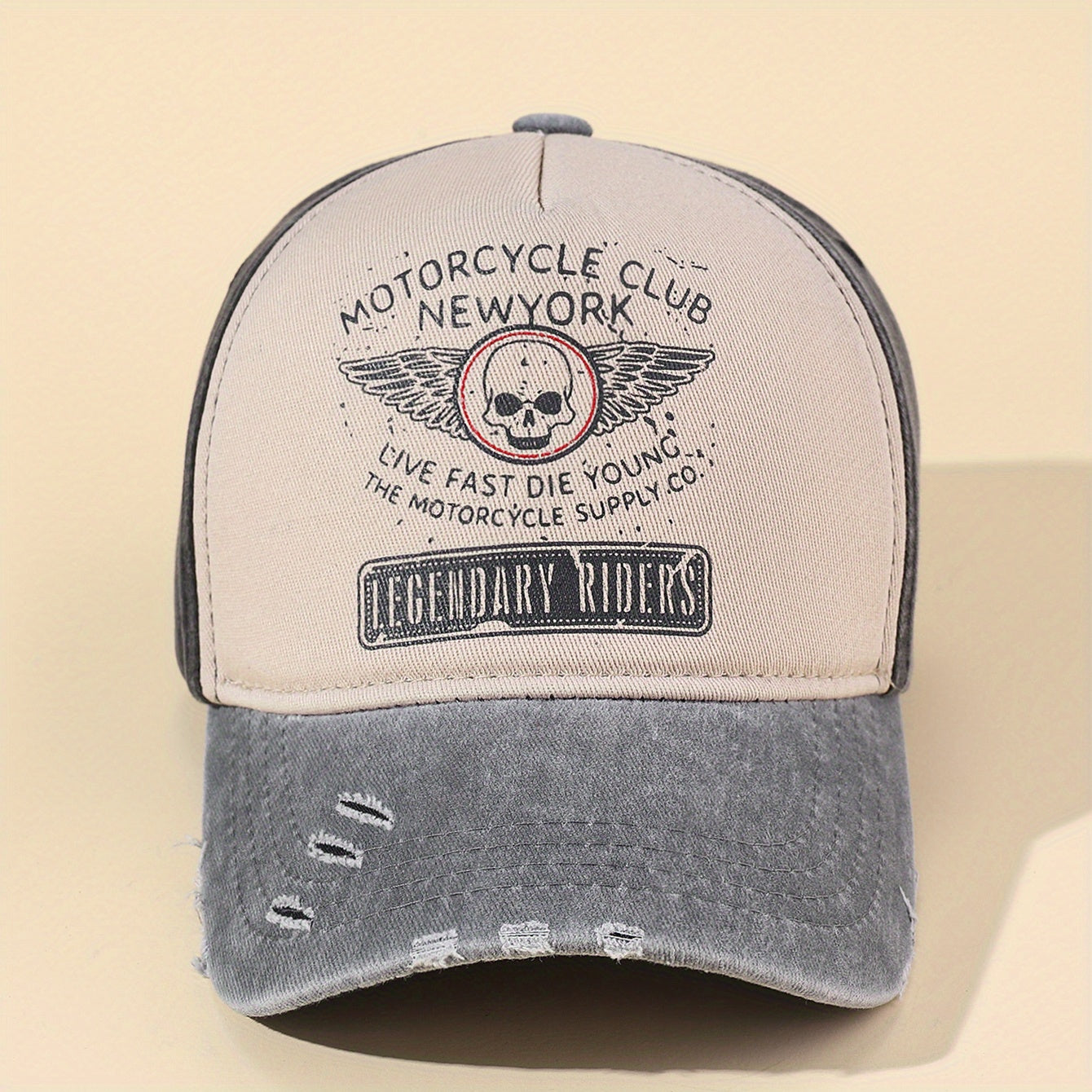 Skull Wing Print Baseball Cap Vintage Washed Distressed Ripped Dad Hats