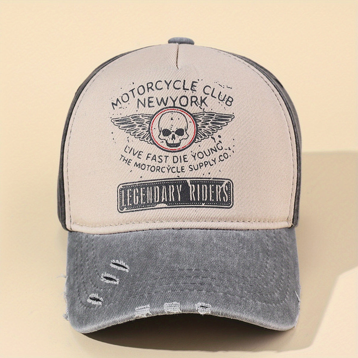 Skull Wing Print Baseball Cap Vintage Washed Distressed Ripped Dad Hats
