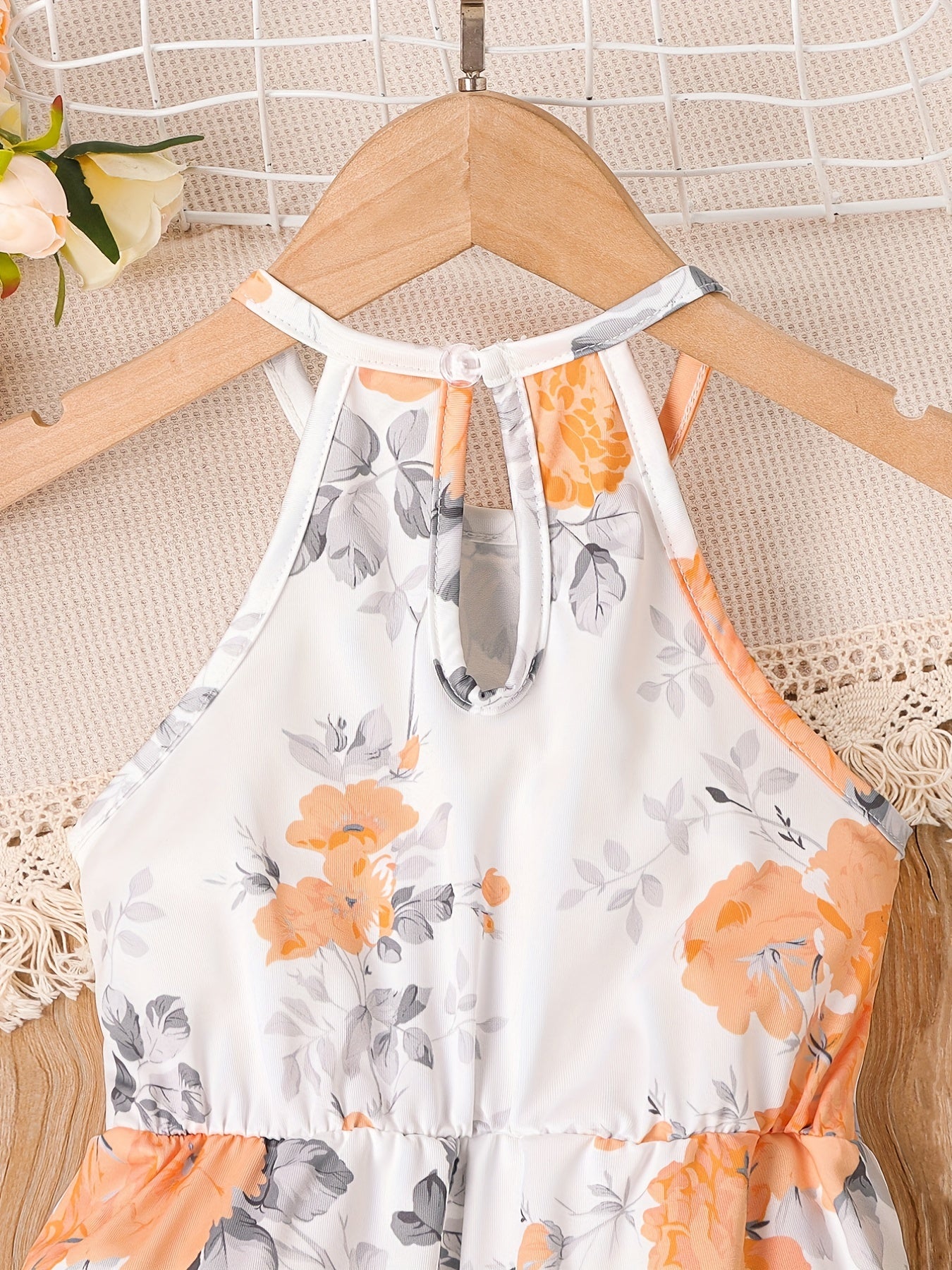Girls Flower Pattern Halter Jumpsuit For Beach Vacation Kids Summer Clothes