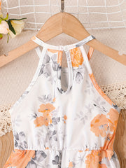 Girls Flower Pattern Halter Jumpsuit For Beach Vacation Kids Summer Clothes