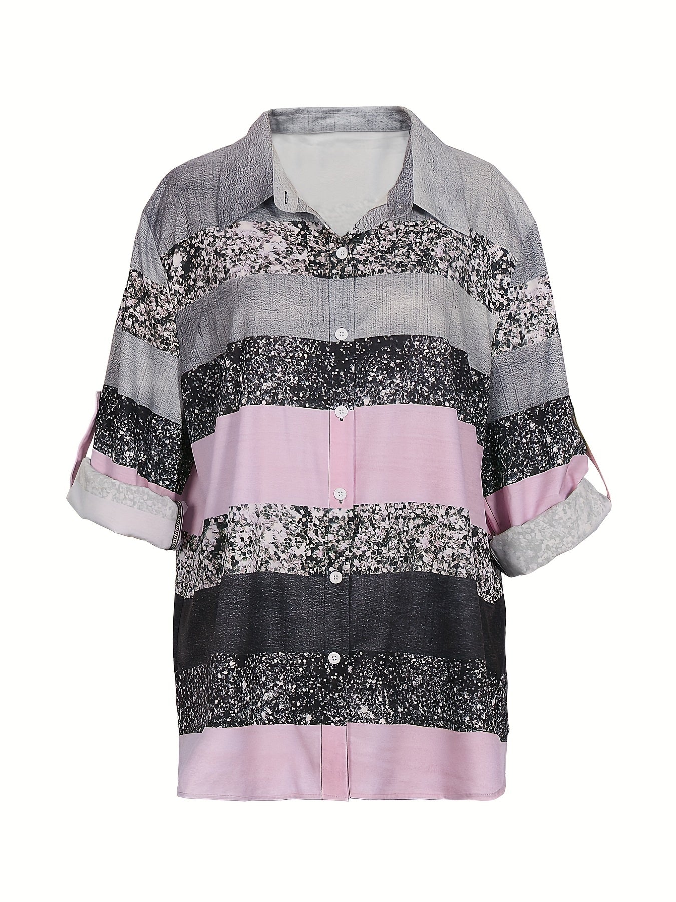 Casual Blouse 3D Bling Stripe Print Roll Up Sleeve Button Up Shirt