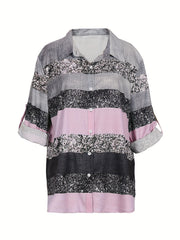  Casual Blouse 3D Bling Stripe Print Roll Up Sleeve Button Up Shirt