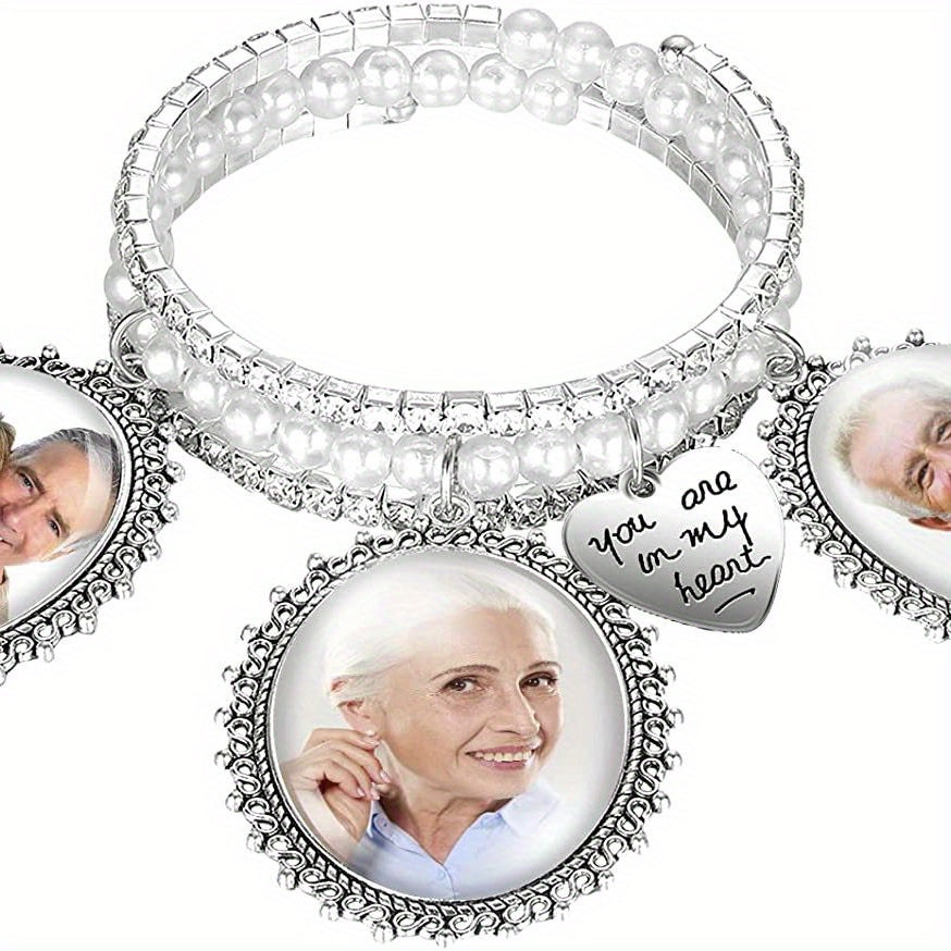 Alloy Photo Frame Pendant Silvery Frame Faux Pearl Rhinestone Satin Bowknot