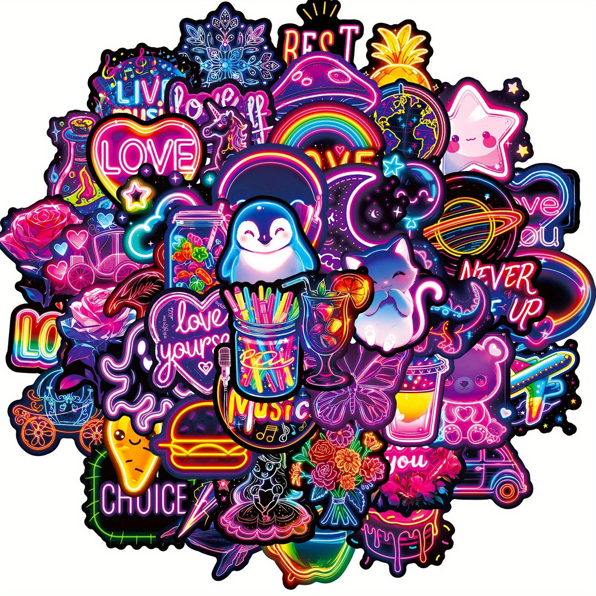 50pcs Neon Stickers Retro Colorful Graffiti Decals with Playful Designs