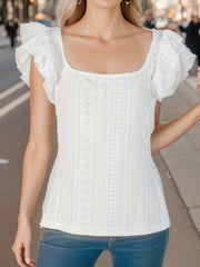 Eyelet Embroidered Square Neck Tank Top Casual Ruffles Trim