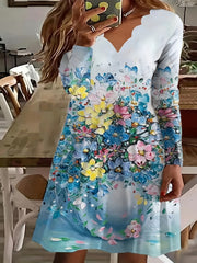  Floral Print V Neck Trim Dress