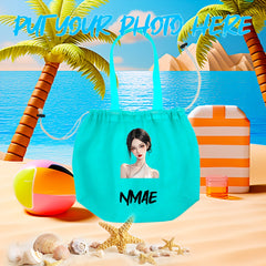 Custom Photo Beach Bag Pink Green Mesh Tote Ergonomic Strap