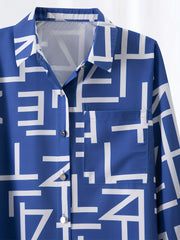  Letter Print Button Up Long Sleeve Blouse