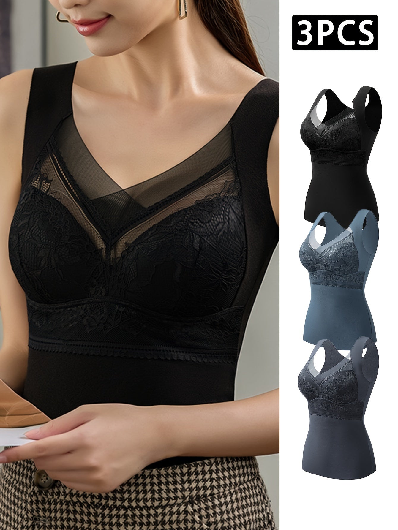 3pcs Lace Thermal Underwear V Neck Sleeveless Top Women's Lingerie