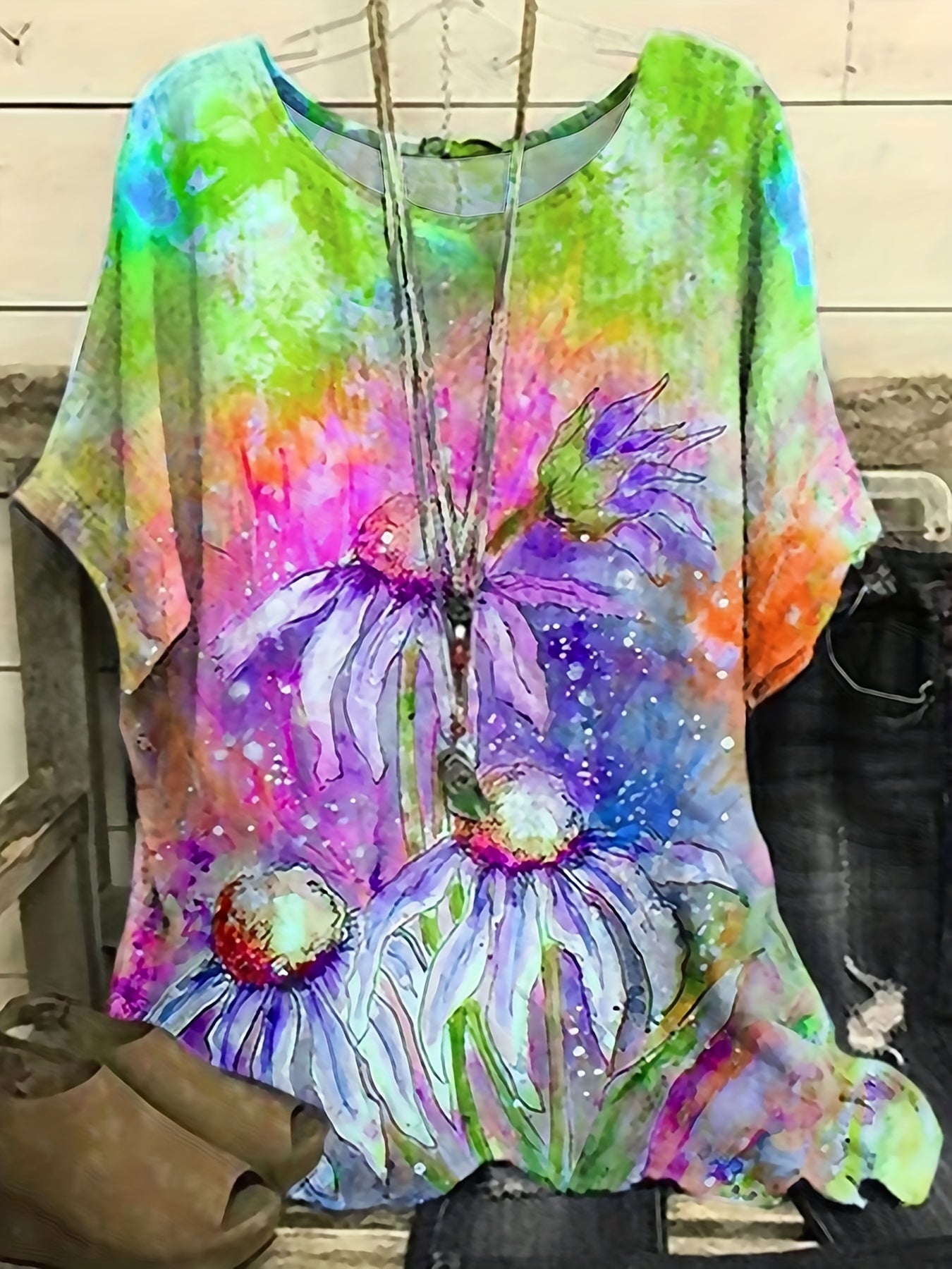  Tie Dye Floral Print Short Sleeve Top